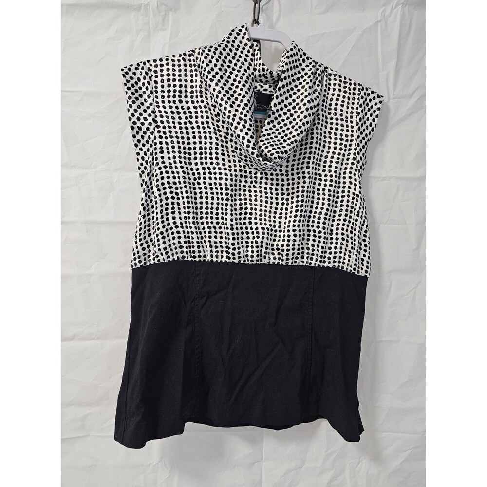 First Option Cowneck sleeveless top black white polka dot pattern black bottom